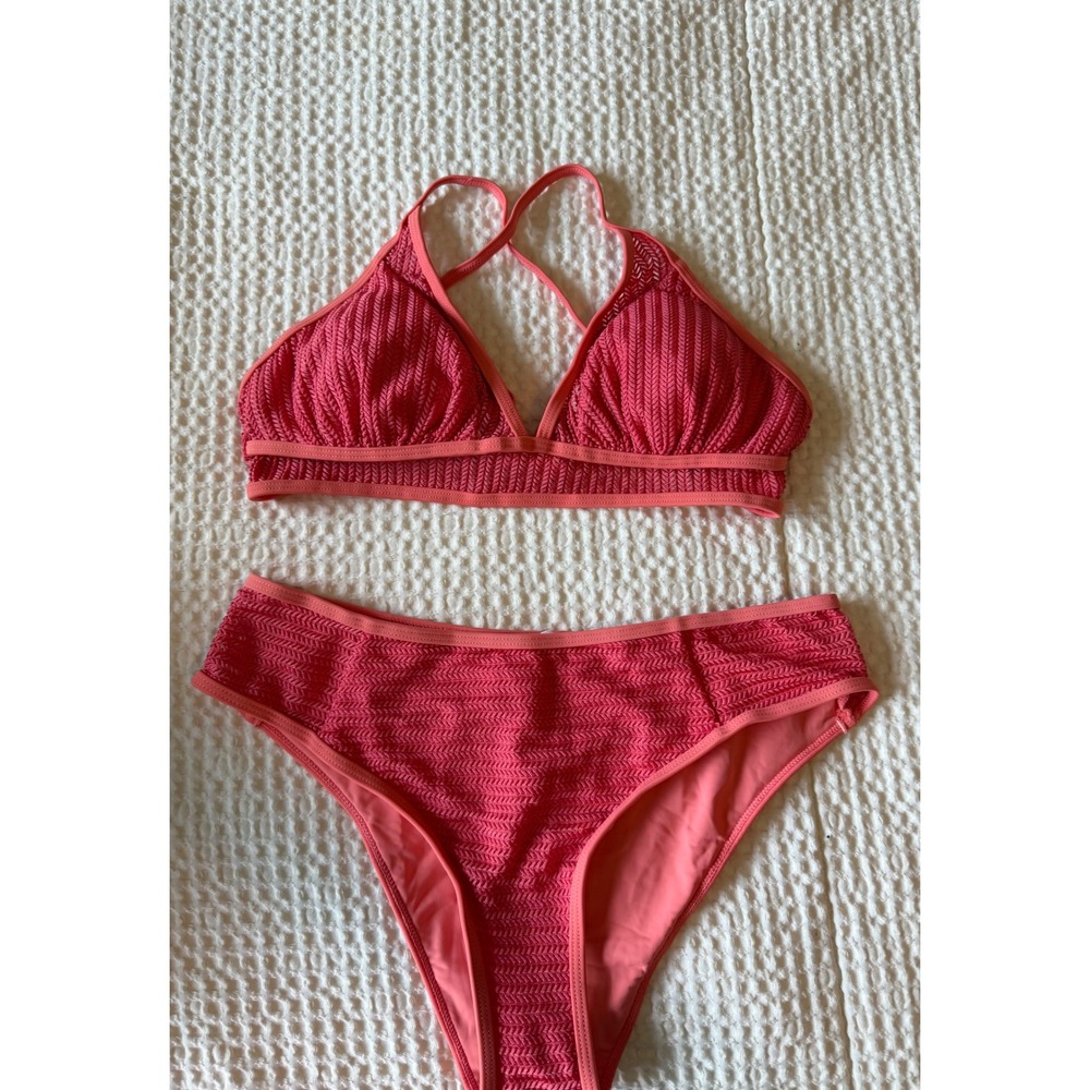 Cupshe Women Coral Pink Chevron Crochet High Waisted Bikini Set Size M